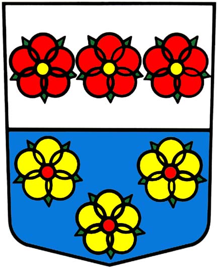 Geteilt, oben in Silber 3 nebeneinander gestellte rote Rosen mit goldenem Butzen und grünen Kelchblättern, unten in Blau 3 goldene Rosen mit rotem Butzen und grünen Kelchblättern (2,1).